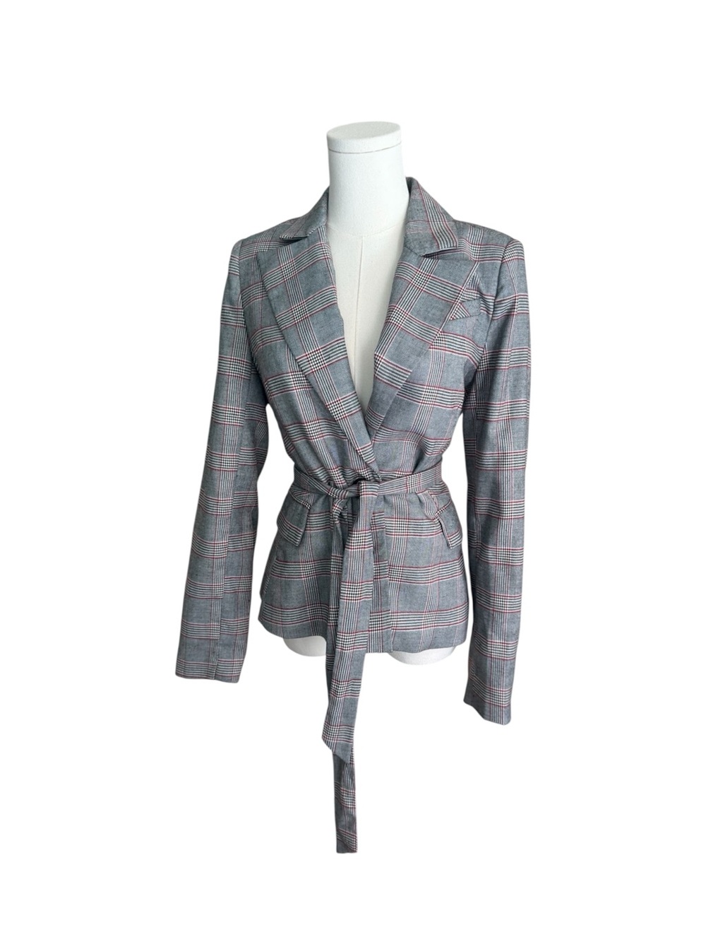 Walter Baker Plaid Wrap Blazer Belted Jacket Gray Red Size Small